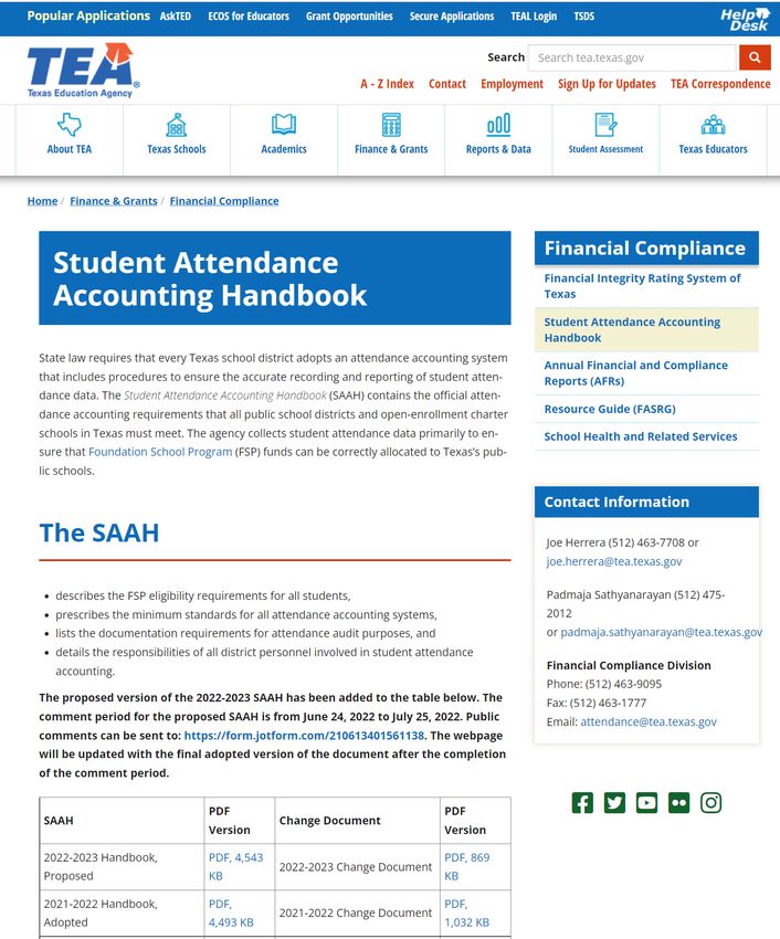 Student attendance accounting handbook 2022 2023 joe herrera