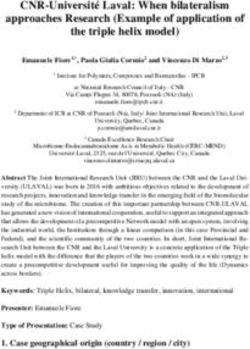 CNR-Université Laval: When bilateralism approaches Research (Example of application of the triple helix model) - CNR & Université LAVAL