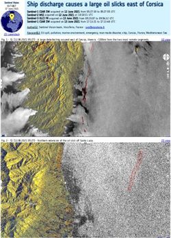 Ship discharge causes a large oil slicks east of Corsica