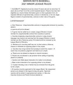 MARION BOYS BASEBALL 2021 MINOR LEAGUE RULES